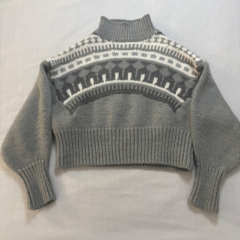 Pringle of Scotland x HM Grey Fair Isle Cropped Mock Neck Sweater Small Balloon